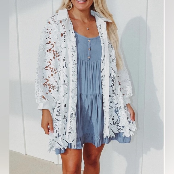 POL Lace Balloon Sleeve Button Down Shirt NEW Size Large - Picture 6 of 10